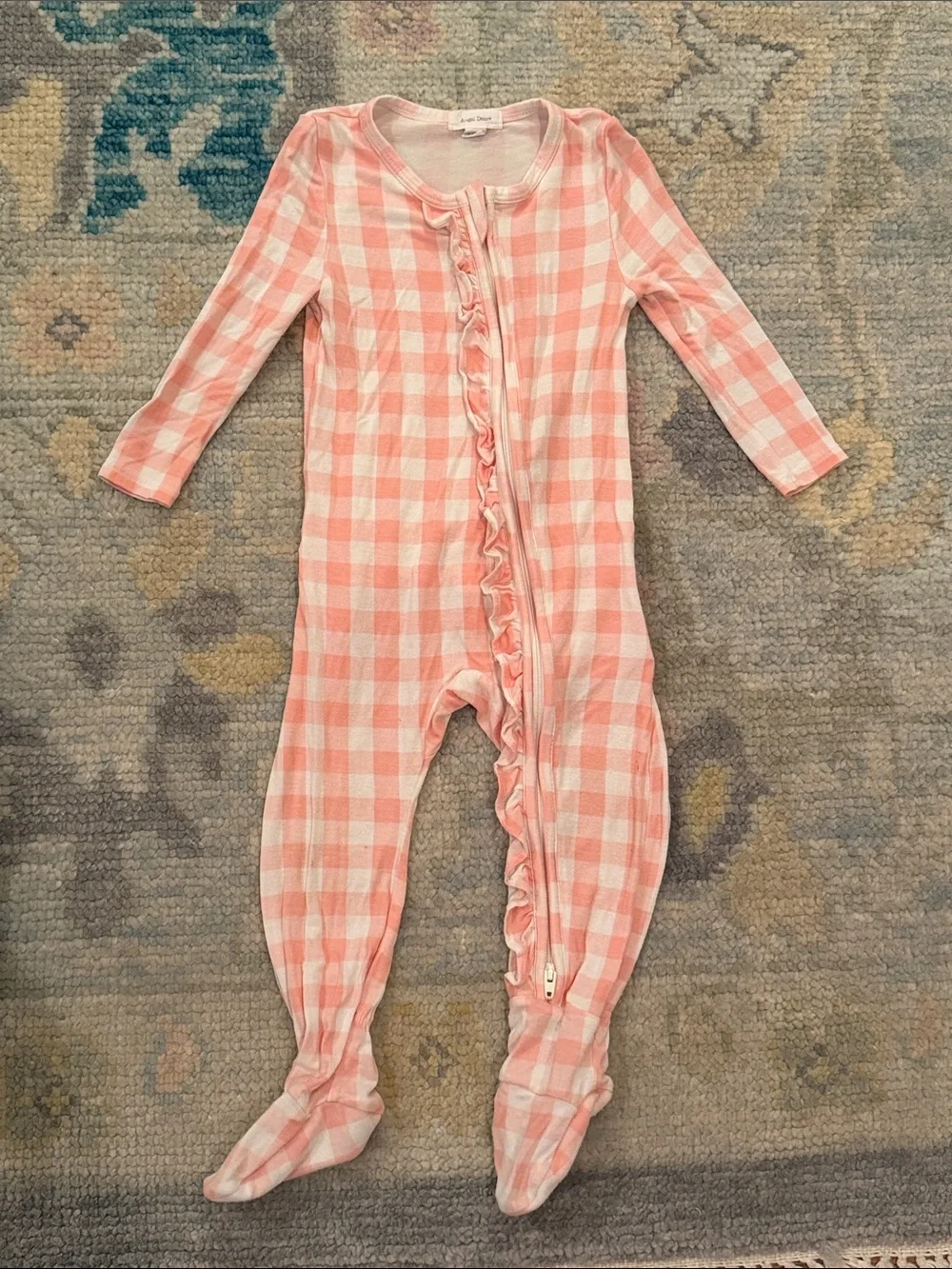 Angel Dear Pink Gingham Ruffle Bamboo Footed One-Piece